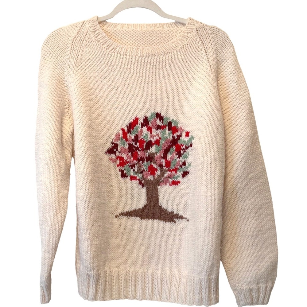 Hand‎ Knit Tree Sweater Womens Medium Folk Art Cottagecore Wool/Wool blend